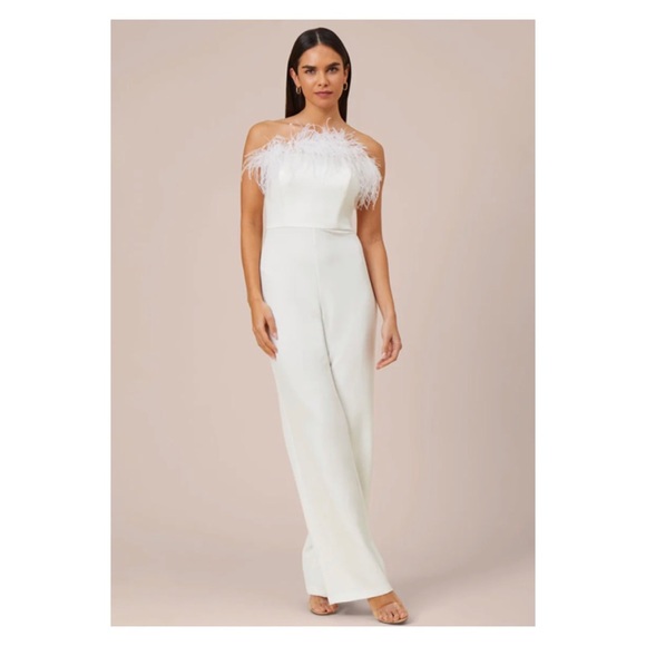 NWT AIDAN MATTOX Feather Trim Crepe Strapless Jumpsuit White Size14 Bride Bridal - Picture 4 of 13